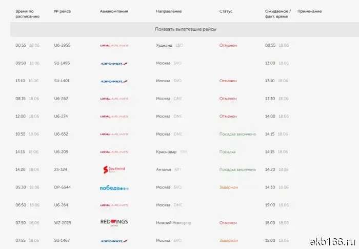At Koltsovo Airport, some flights have been canceled and delayed.
