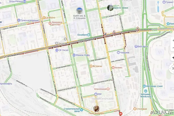 Malyshev Street in Yekaterinburg is stuck in a huge traffic jam.