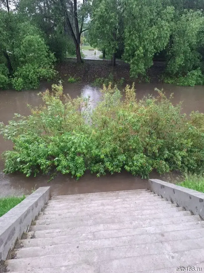 In the center of Yekaterinburg, the Iset River has overflowed its banks.