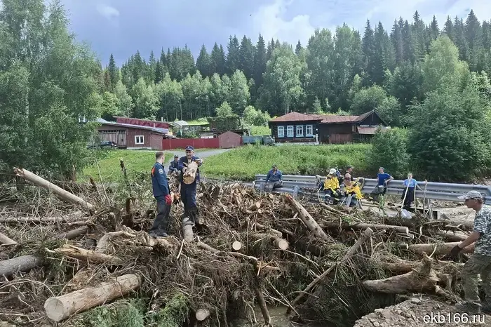A pile of cut logs was discovered in the upper reaches of the river in Nizhnie Sergi after the flood.