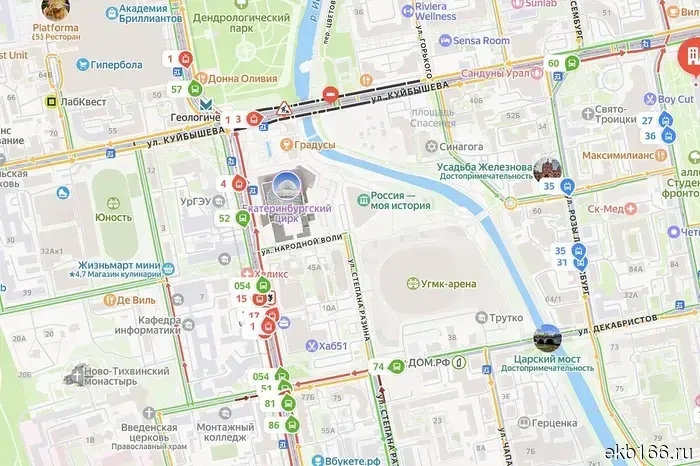 Due to road closures in the center of Yekaterinburg, public transport movement is difficult.